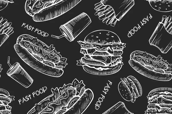 Hamburgerler Dikişsiz desen arka plan. El çizmiş hamburger ve patates kızartması. Fast Food, önemsiz gıda deseni. Amerikan yemeği. Hamburgerler restoran menü tasarımı. Hamburger sandviç kroki tarzı.