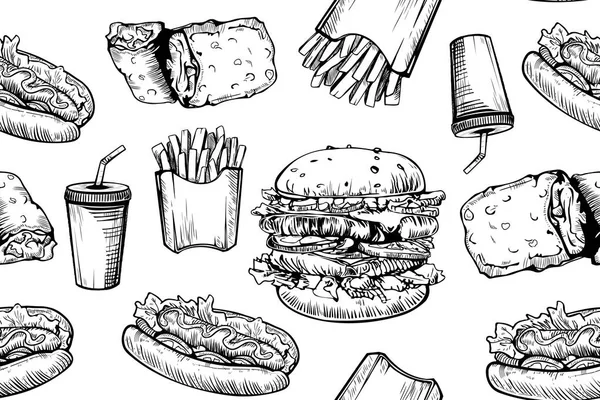 Burgers sömlösa mönster på vit bakgrund. Handritad hamburgare och pommes frites. Snabbmat, skräpmat mönster. Amerikansk mat. Hamburgare restaurang meny design. Hamburger Sandwich skiss stil. — Stock vektor