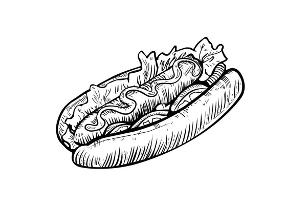 Ζωγραφισμένα στο χέρι σκίτσο χοτ ντογκ, πρόχειρη κλήρωση σε λευκό φόντο, vintage etching. Διανυσματική απεικόνιση τροφίμων. — Διανυσματικό Αρχείο