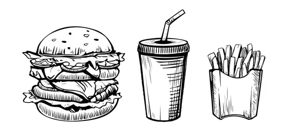 Hamburguesa, bebida gaseosa y papas fritas mano dibujada en iconos estilo boceto. restaurante o café vector elementos . — Archivo Imágenes Vectoriales