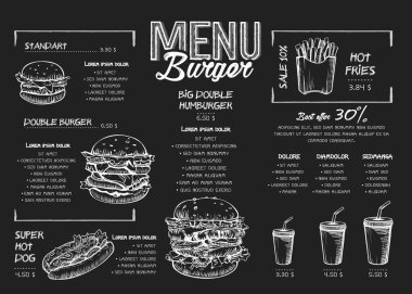 Kara tahta elemanları üzerinde Burger menü poster tasarımı. Fast Food menü skech tarzı. Düzen, afiş, web tasarımı, broşür şablonu için kullanılabilir. Vektör Illustration.