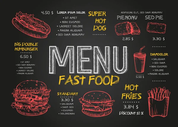 Fast food menu cover layout with breakfast, drinks, and other menu items on chalkboard. Fast food menu design and fast food hand drawn vector illustration. Restaurant menu template with burger sketch.
