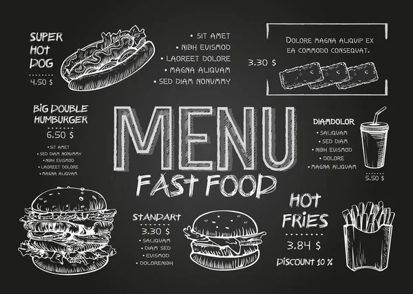 Restaurante Food Menu Modelo de design com fundo de papelão. Vintage giz desenho menu fast food no estilo de esboço vetorial . — Vetor de Stock