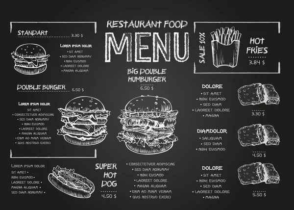 Projeto de cartaz de menu de hambúrguer sobre os elementos do quadro. Menu fast food estilo skech. Pode ser usado para layout, banner, web design, modelo de brochura. Ilustração vetorial . — Vetor de Stock