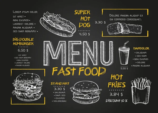 El menú de comida rápida cubre el diseño con desayuno, bebidas y otros elementos del menú en pizarra. Diseño de menú de comida rápida y comida rápida ilustración vectorial dibujado a mano. Plantilla de menú de restaurante con boceto de hamburguesa . — Vector de stock