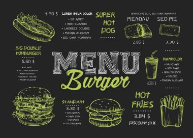 Kara tahta elemanları üzerinde Burger menü poster tasarımı. Fast Food menü skech tarzı. Düzen, afiş, web tasarımı, broşür şablonu için kullanılabilir. Vektör Illustration.