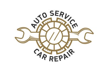 Araba servisi logo şablonu tasarım simge veya etiket. Otomotiv araba REPAIRSERVICE ve restorasyon şablon. Bir İngiliz anahtarı ile logo.