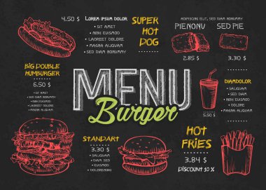 Kara tahta elemanları üzerinde Burger menü poster tasarımı. Fast Food menü skech tarzı. Düzen, afiş, web tasarımı, broşür şablonu için kullanılabilir. Vektör Illustration.