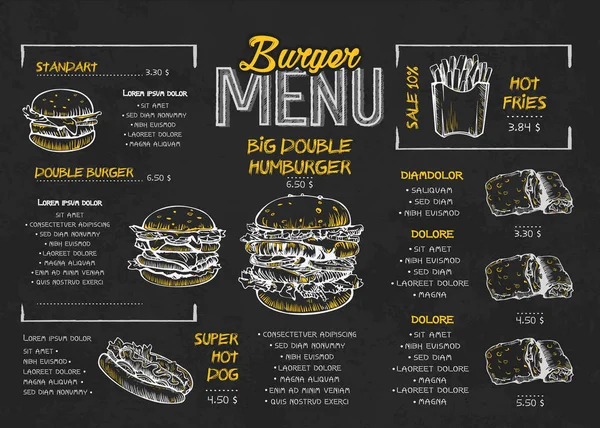 Poster affiche menu burger sur les éléments du tableau. Menu de restauration rapide style skech. Peut être utilisé pour la mise en page, bannière, conception Web, modèle de brochure. Illustration vectorielle . — Image vectorielle