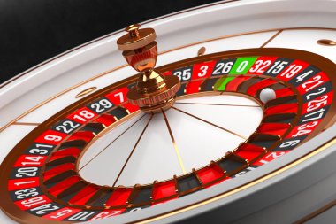 Siyah arka planda Lüks Casino rulet tekerleği. Casino teması. Sıfır üzerinde bir top ile yakın çekim beyaz Casino rulet. Poker oyun masası. 3B işleme çizimi.