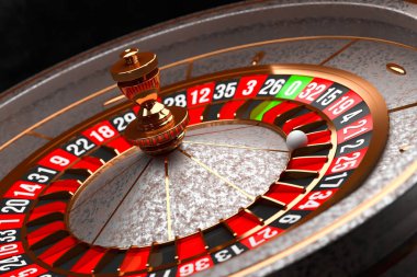 Siyah arka planda Lüks Casino rulet tekerleği. Casino teması. 21 üzerinde bir top ile yakın çekim eski Casino rulet. Poker oyun masası. 3B işleme çizimi.