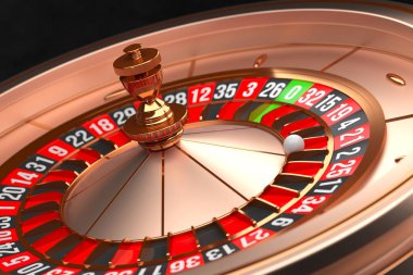 Siyah arka planda Lüks Casino rulet tekerleği. Casino teması. 21 üzerinde bir top ile yakın çekim Altın Casino rulet. Poker oyun masası. 3B işleme çizimi.
