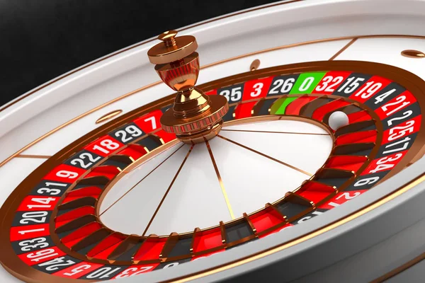 Lyxigt Casino Roulette hjul på svart bakgrund. Casino-temat. Närbild vit kasino roulette med en boll på noll. Poker spel bord. 3D-rendering illustration. — Stockfoto
