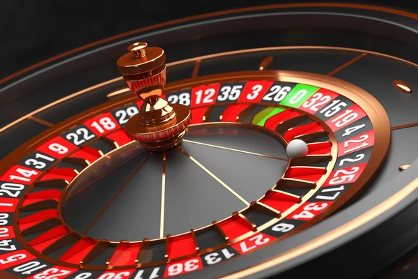 Siyah arka planda Lüks Casino rulet tekerleği. Casino teması. 21 üzerinde bir top ile yakın çekim siyah Casino rulet. Poker oyun masası. 3B işleme çizimi. — Stok fotoğraf