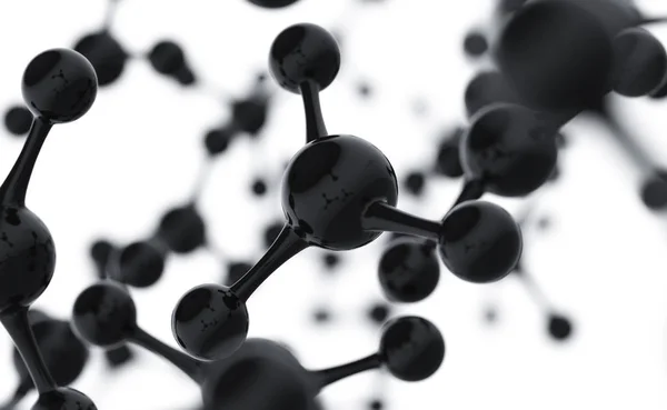 Progettazione astratta delle molecole. Atomi neri. Sfondo astratto per bandiera chimica scienza o volantino. Scienza o formazione medica. Illustrazione di rendering 3D della molecola nera . — Foto Stock