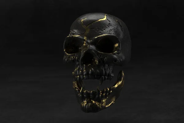 Golden and black skull on black background. The demonic skull of a vampire. Scary skilleton face for Halloween. Dead vampire, skull with vampire fangs. 3D rendering.
