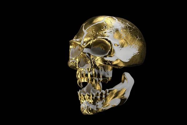 Gouden witte schedel geïsoleerd op zwarte achtergrond. De demonische schedel van een vampier. Scary skilleton gezicht voor Halloween. Dead Vampire, schedel met Vampier tanden. 3D-rendering. — Stockfoto