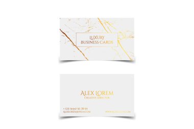Luxury white business card with marble texture and gold detail vector template, banner or invitation with golden foil on white background. Branding and identity graphic design. clipart