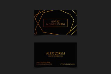 Luxury black business card with geometric lines texture and gold detail vector template, banner or invitation with golden foil on black background. Branding and identity graphic design. clipart