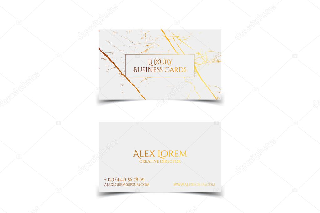 Luxury white business card with marble texture and gold detail vector template, banner or invitation with golden foil on white background. Branding and identity graphic design