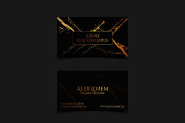 Luxury black business card with marble texture and gold detail vector template, banner or invitation with golden foil on black background. Branding and identity graphic design. clipart
