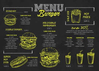 Kara tahta elemanları üzerinde Burger menü poster tasarımı. Fast Food menü skech tarzı. Düzen, afiş, web tasarımı, broşür şablonu için kullanılabilir. Vektör Illustration.