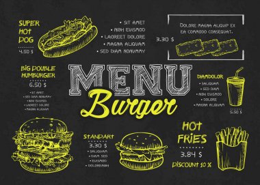 Kara tahta elemanları üzerinde Burger menü poster tasarımı. Fast Food menü skech tarzı. Düzen, afiş, web tasarımı, broşür şablonu için kullanılabilir. Vektör Illustration.