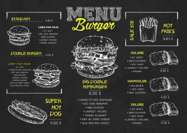 Kara tahta elemanları üzerinde Burger menü poster tasarımı. Fast Food menü skech tarzı. Düzen, afiş, web tasarımı, broşür şablonu için kullanılabilir. Vektör Illustration.