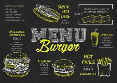 Kara tahta elemanları üzerinde Burger menü poster tasarımı. Fast Food menü skech tarzı. Düzen, afiş, web tasarımı, broşür şablonu için kullanılabilir. Vektör Illustration.
