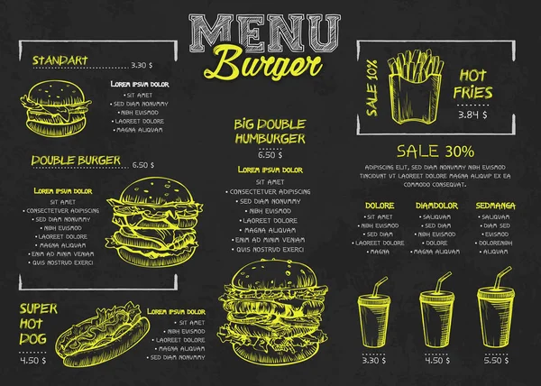 Burger menu poster design on the chalkboard elements. Fast food menu skech style. Can be used for layout, banner, web design, brochure template. Vector illustration. — Stock Vector