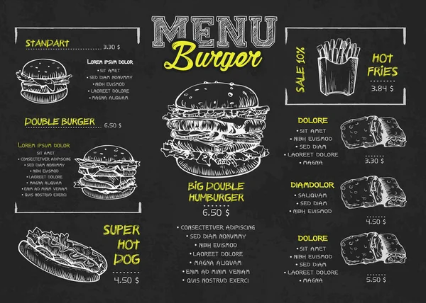 Burger menü plakát design a palatboard elemeket. Gyorséttermi menü skech stílusban. Használható elrendezés, banner, web design, prospektus sablon. Vektoros illusztráció. — Stock Vector