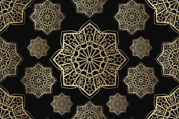 Islamic seamless ornament vector, persian motiff. Ramadan islamic elemen pola bulat. Geometrik melingkar ornamental arab simbol vektor. Emas di latar belakang hitam . - Stok Vektor