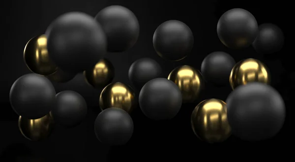 Black And Golden Realistic Spheres Background Close Up. Backdrop of metall balls with depth of field. Golden and black bubbles. Jewelry cover concept. Vertical banner. Decoration element for design.