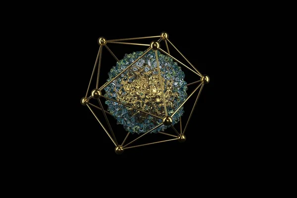 3D 抽象球。抽象的な豪華な黄金のジュエリーは、黒に隔離されています。輝く黄金の要素。内部に液体ゴールドを持つ幾何学的リアルなメッシュヘドラオブジェクトの3dレンダリング. — ストック写真