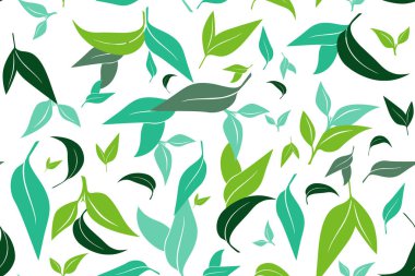 Beyaz arka plan üzerinde yeşil çay yaprakları ile Dikişsiz desen. Kağıt üzerinde el boyama. Mayıs kumaş, ambalaj kağıt kullanılır. Vektör çizimi.