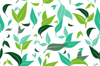 Beyaz arka plan üzerinde yeşil çay yaprakları ile Dikişsiz desen. Kağıt üzerinde el boyama. Mayıs kumaş, ambalaj kağıt kullanılır. Vektör çizimi.