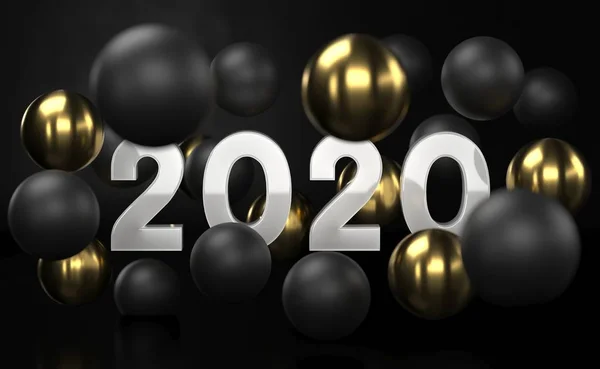 2020 gouden en zwarte abstracte achtergrond met 3D bollen bubbels. Kerstballen getextureerde met goud. Sieraden cover concept. Horizontale banner. Decoratie design voor Nieuwjaar. 3D-rendering. — Stockfoto