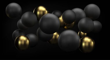 3d küreler kabarcıklar ile altın ve siyah soyut arka plan. Vektör Noel topları altın ile dokulu. Takı kapak konsepti. Yatay afiş. Tasarım için dekorasyon elemanı.