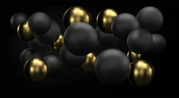 Arany és fekete absztrakt háttér 3D gömbök buborékok. Vektor karácsonyi labdák textúrájú arany. Ékszerek terjed koncepció. Vízszintes szalagcím. Díszítőelem tervezés. — Stock Vector