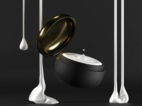 Pacchetto crema bianca nera finto su uno sfondo scuro. 3d cosmetico compongono la crema liquida. Rendering 3D. Contenitore di crema cosmetica. Vasetto di crema per il viso per il tuo design . — Foto Stock