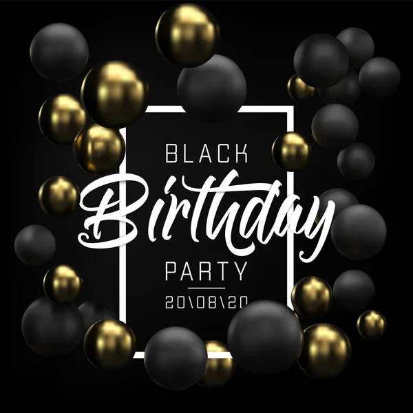 Happy Birthday Card, Party Flyer oder Banner Design mit schwarzen und goldenen Luftballons. Einladung mit goldenen und schwarzen 3D-Kugeln auf schwarzem Hintergrund. Glückwunsch zum Geburtstag. Vektor. — Stockvektor
