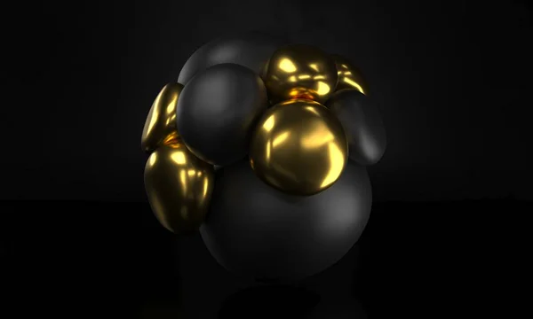 抽象的な黒と金色の現実的な球の背景をクローズアップ。柔らかいメタルボールの背景。黄金と黒の泡。ジュエリーカバーコンセプト。3D レンダリング。ポスターデザイン用装飾要素. — ストック写真
