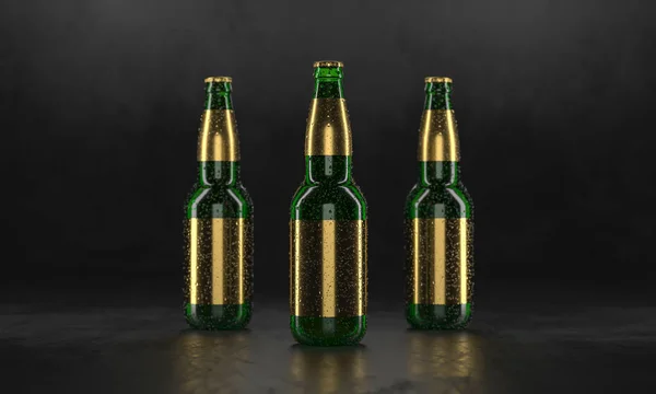 Three beer bottles standing on a rustic black table. Beer mock up. Wet beer bottles withgolden labels and water drops Mockup. Alcohol advertising picture banner. 3d rendering.