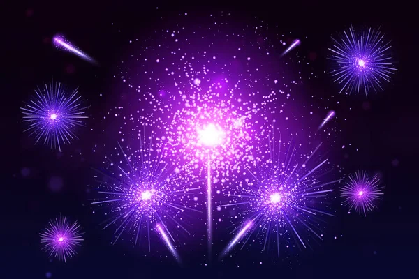 Feu d'artifice coloré. Illustration lumineuse vectorielle réaliste festive de feux d'artifice. Nouvel An feu d'artifice de Noël. Explosion de feu d'artifice, étoile ou poussière d'étoile, fond de couleurs vives . — Image vectorielle