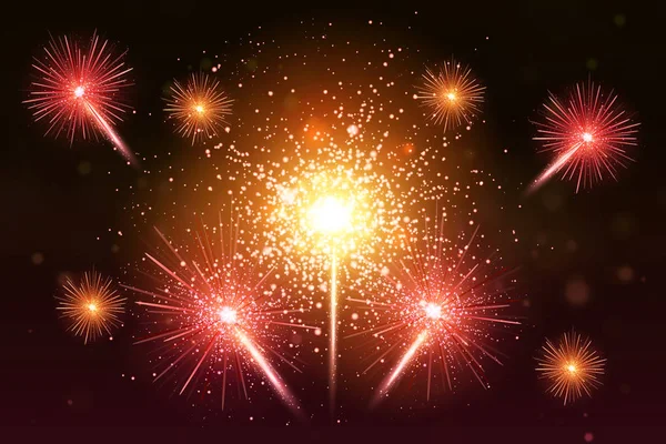 Fogos de artifício coloridos. Ilustração de fogos de artifício de vetor realista festivo brilhante. Fogos de artifício de Ano Novo. Explosão de fogos de artifício, estrela ou poeira estelar, cores brilhantes fundo . — Vetor de Stock