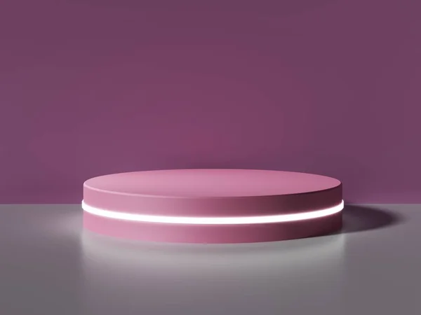 Podium rond, piédestal ou plate-forme, illuminé par des projecteurs à led. illustration. Lumineux Lightpodium. Lieu de publicité. Support de produit vierge et fond abstrait avec lumière. Rendu 3d . — Photo