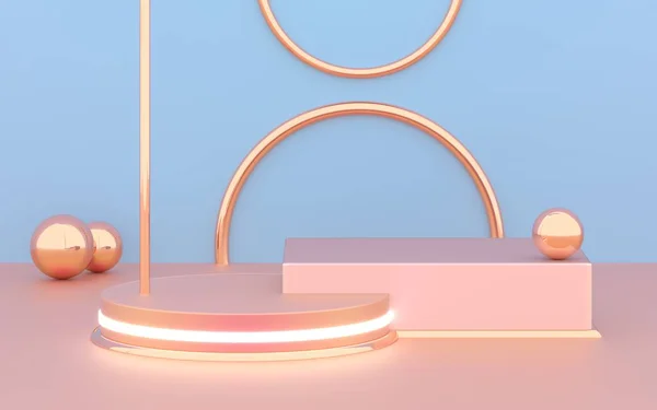 3D рендеринг подиумной геометрии с розовым синим и золотым элементами. Абстрактная геометрическая форма пустой подиум. Сцена квадратная, ступенчатая, композиция. Пустой витрины, дисплей платформы пьедестала . — стоковое фото