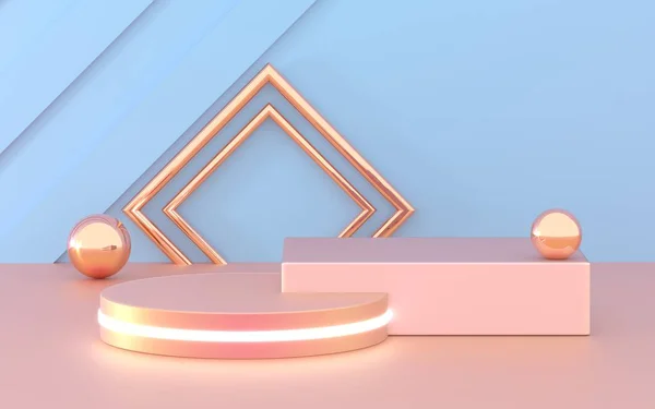 3D-Rendering Podium-Geometrie mit rosa blauen und goldenen Elementen. Abstrakte geometrische Form leeres Podium. Minimale Szene quadratischen Schritt Boden abstrakte Komposition. Leere Vitrine, Podestanzeige. — Stockfoto