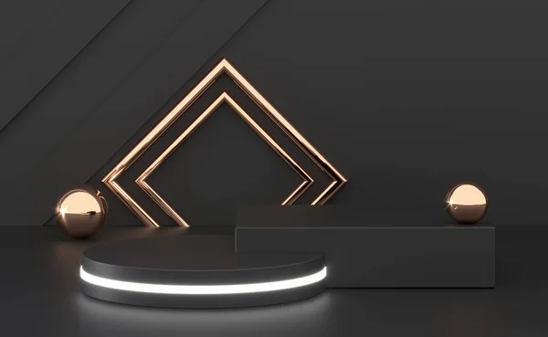 3D-rendering svart podium geometri med guld element. Abstrakt geometrisk form blank podium. Minimal scen kvadrat steg golv abstrakt komposition. Tom Showcase, piedestal plattformsdisplay. — Stockfoto