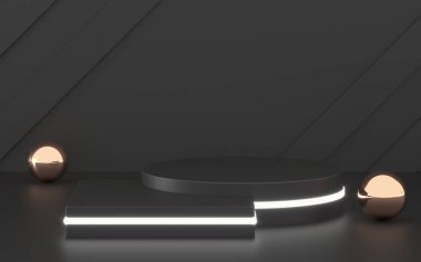 Altın elemanları ile 3d render siyah podyum geometrisi. Soyut geometrik şekil boş podyum. Minimal sahne kare adım zemin soyut kompozisyon. Boş vitrin, ayaklı platform ekranı.